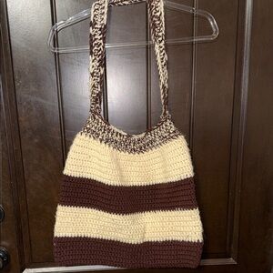 Elegant Brown and Cream Crochet Shoulder Bag